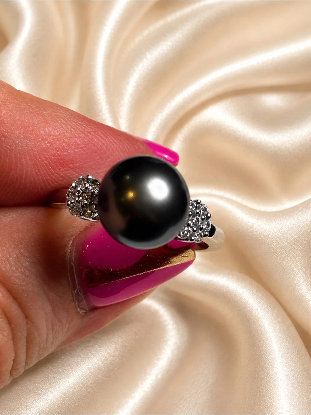 STS 925 Sterling Silver Tahitian Black Cultured Pearl Genuine Diamond Ring Sz 8